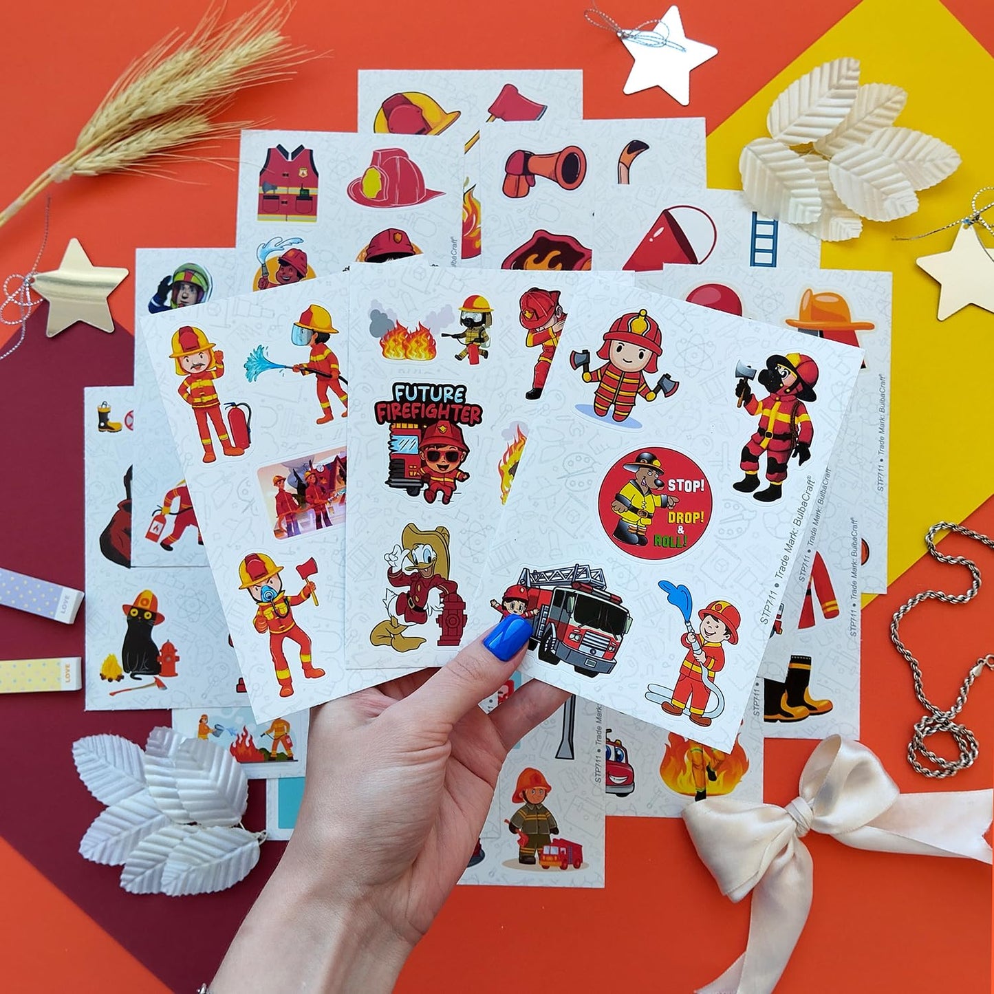 Bulbacraft Firefighter Stickers For Kids, 100Pcs Vinyl Decals, Waterproof, Reusable, Party Favors, School Supplies, Fire Truck T