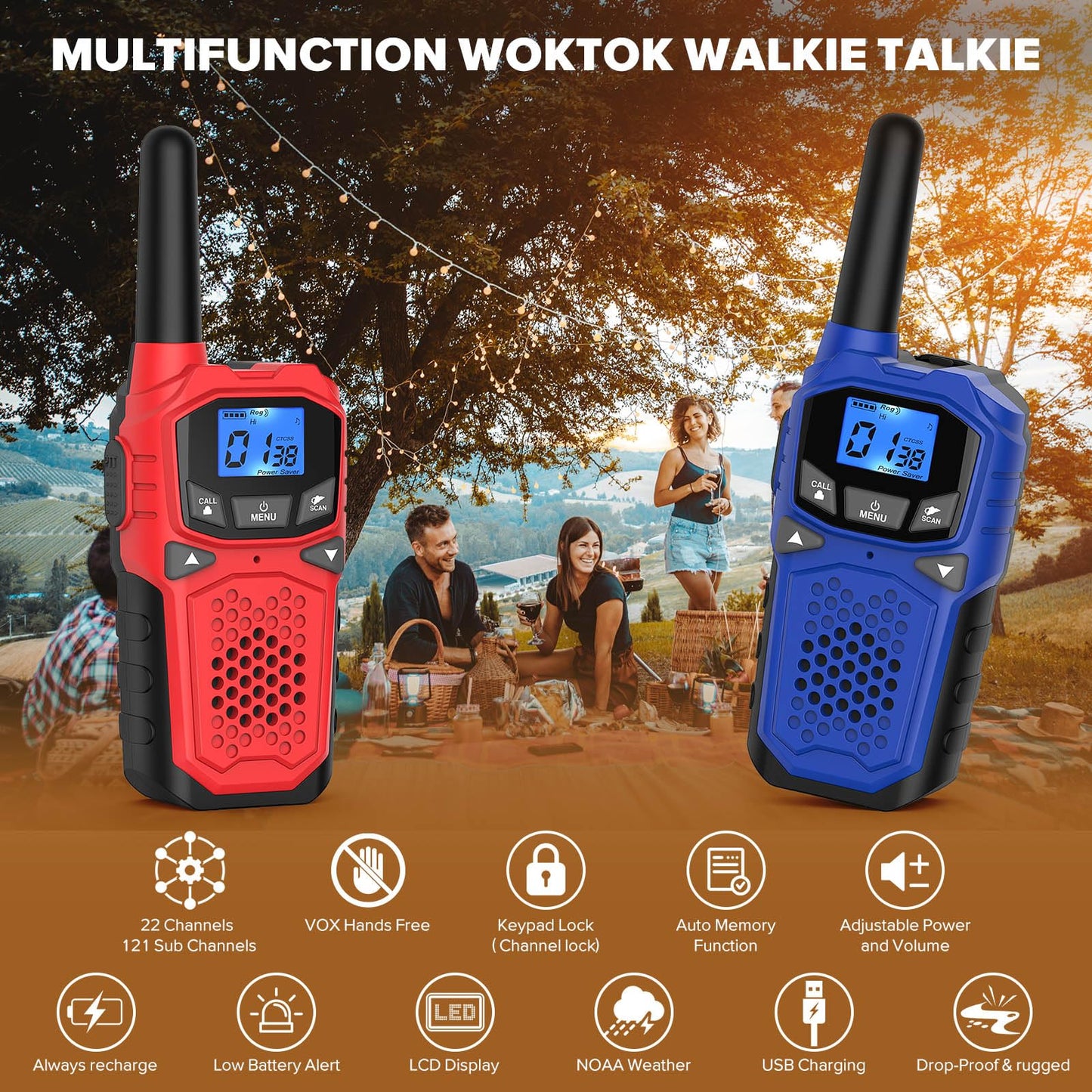 Walkie Talkies For Adults- Woktok Long Range Two Way Radio For Camping Hiking Hand Held Hiking Accessories Camping Gear Xmas Birthday Gift For Kids,Sos Siren,Noaa Weather Alert,2 Radios
