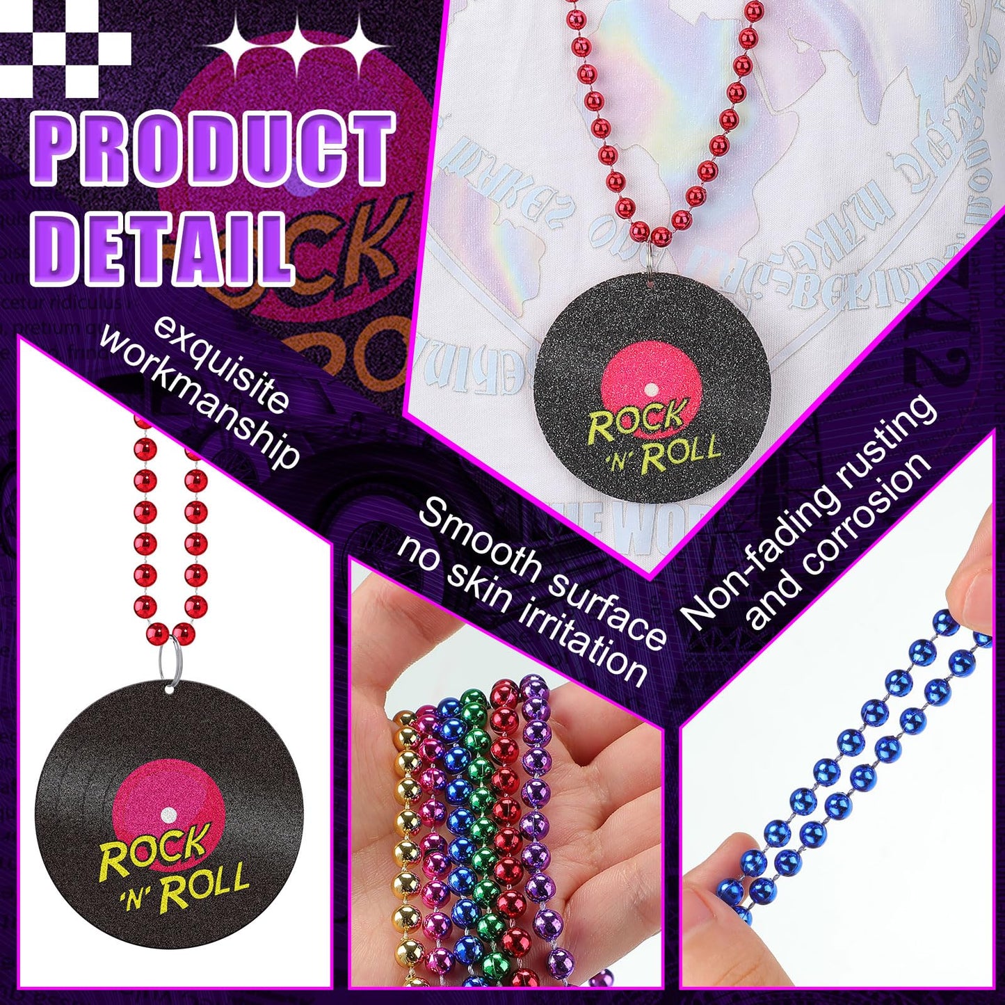 Tigeen 48 Pcs 80s Beaded Necklaces Metallic Neon Beads Retro Glow Party Disco Necklaces Bulk Colorful Rock Music Necklace for Wo