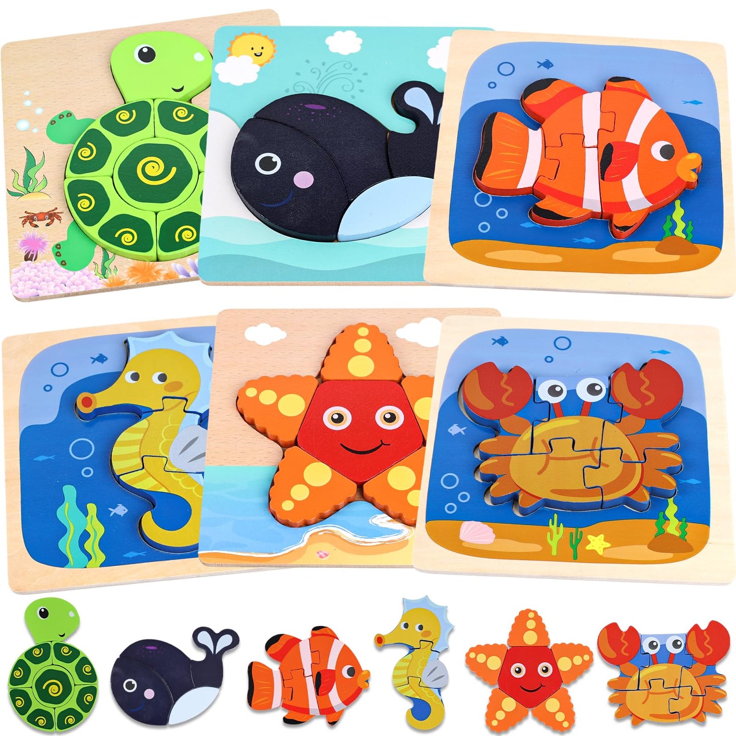 Lovestown 6Pcs Wooden Toddler Puzzles, Wooden Sea Animal Puzzles Montessori Jigsaw Puzzles Preschool Toy Gift For Kids Educational Developmental Toys