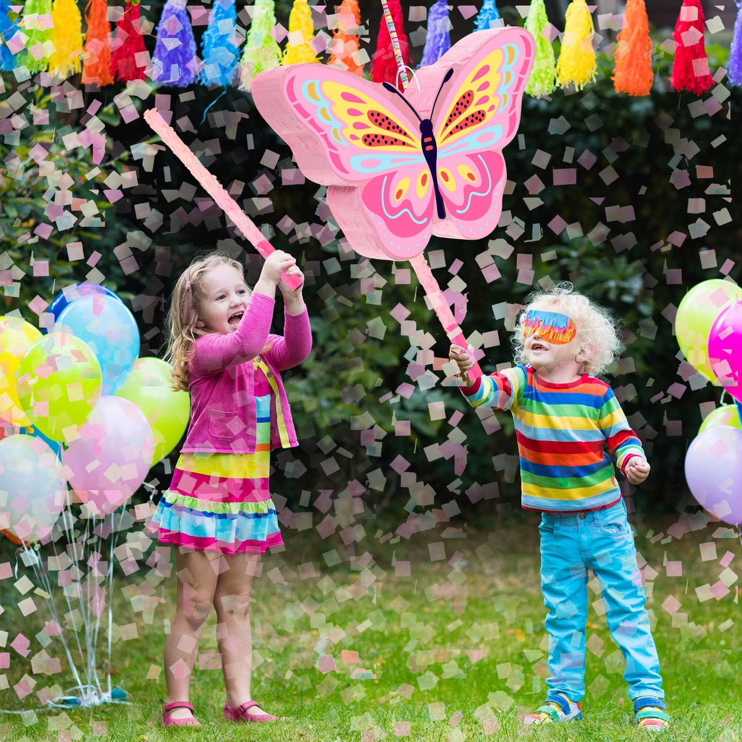 Threan Butterfly Pinata Bundle with Bat & Blindfold - Cardboard, Various Shades of Pink, Perfect for Birthday or Baby Shower