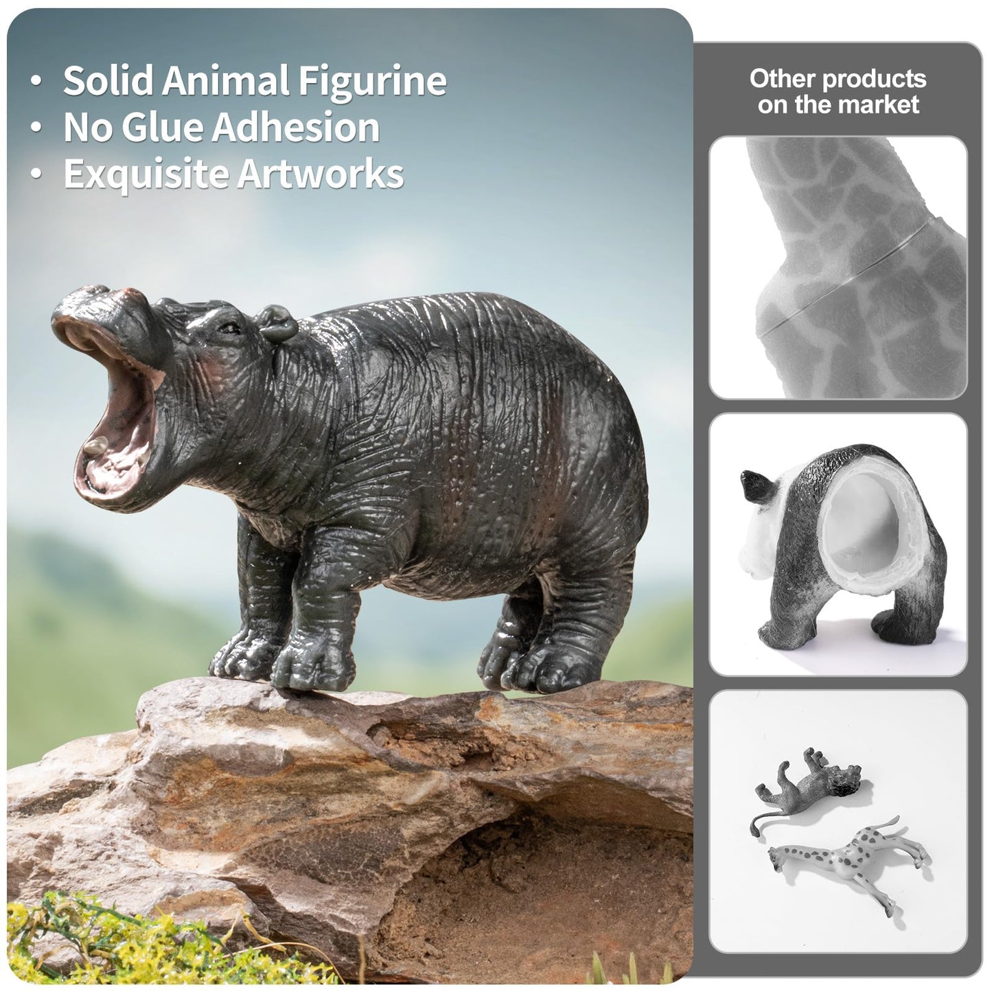 Safari Hippo Animals Toys 4PCS Plastic Wild Animals Family Figures Toy for Kids Ages 3-5 Includes Hippopotamus and Cubs Cake Toppers Birthday Gift Party Favors for Boys Girls