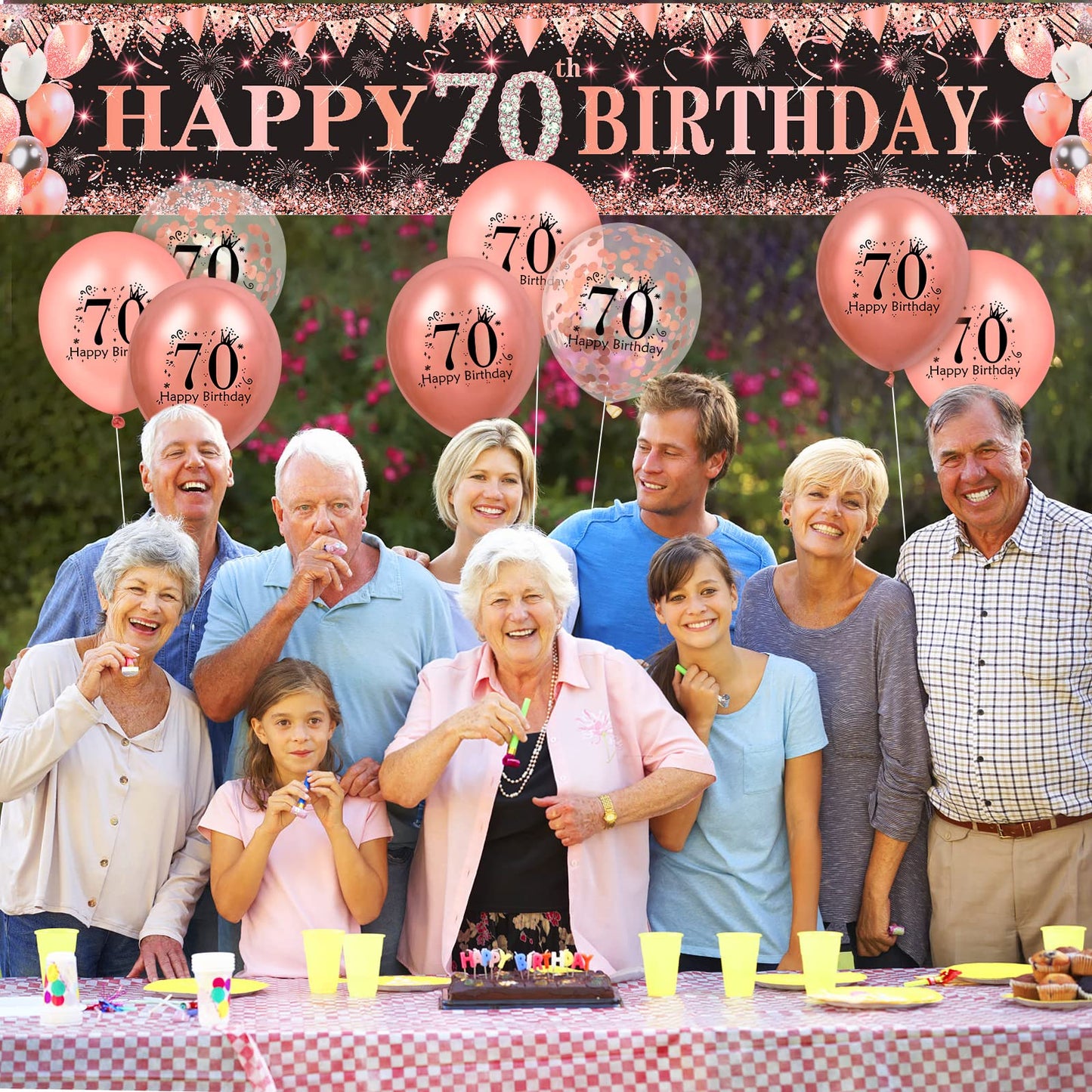 70Th Birthday Decorations For Women, Large Black Rose Gold Happy 70Th Birthday Yard Banner And 18Pcs Rose Gold 70Th Birthday Party Decorations Balloons For Women Men, 70 Years Old Party Supplies