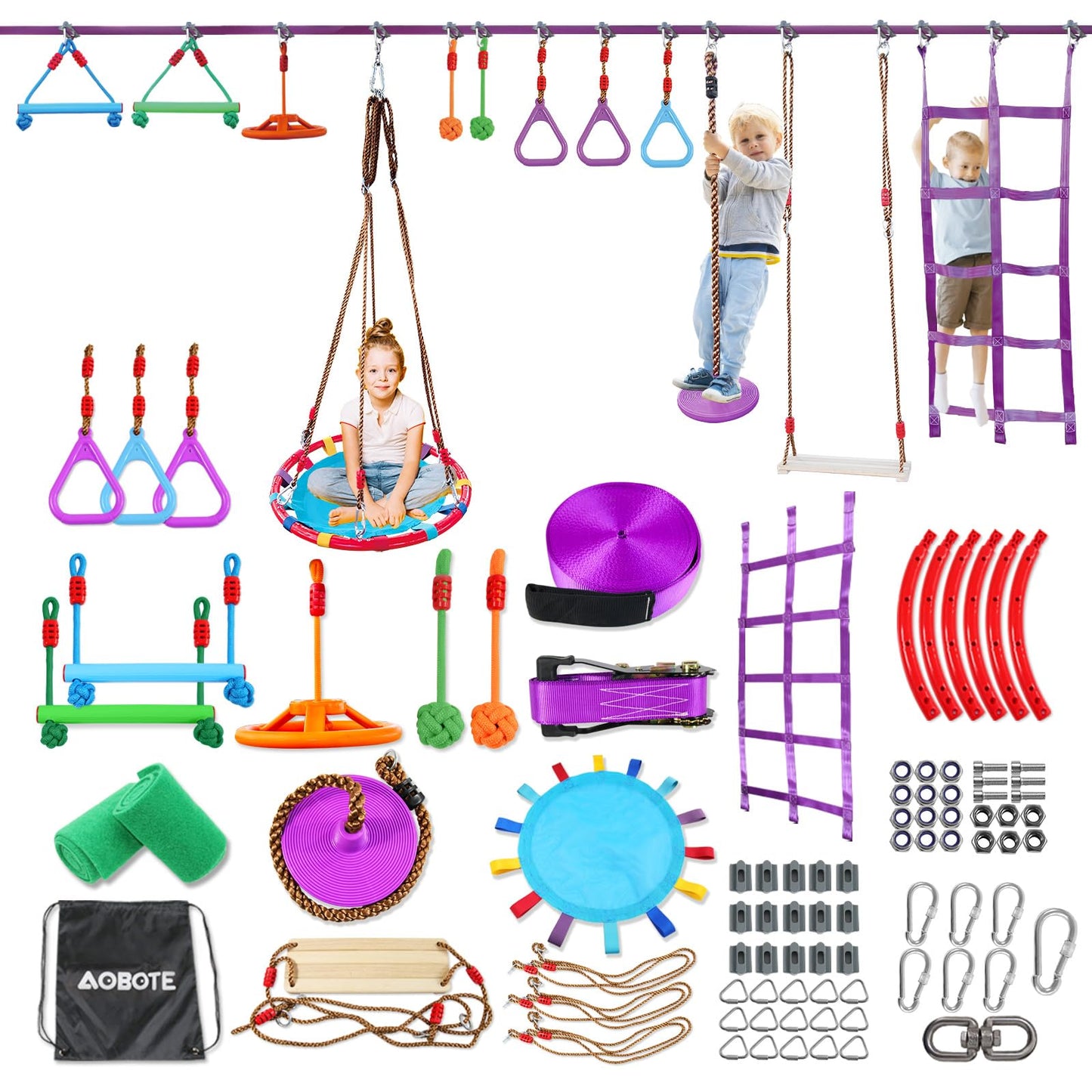 Aobote Ninja Warrior Obstacle Course For Kids,56Ft Slackline With 12 Accessories,Saucer Swing With 360 Degree Rotating Wheel,Nin