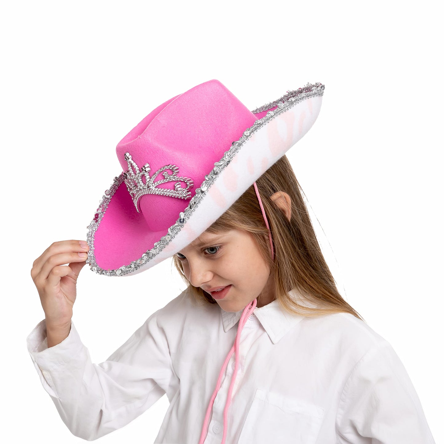 Spooktacular Creations 2 Pack Pink Cowboy Hat with Crown Blinking, Halloween Children's Pink Tiara Felt Cowboy Hats Accessories