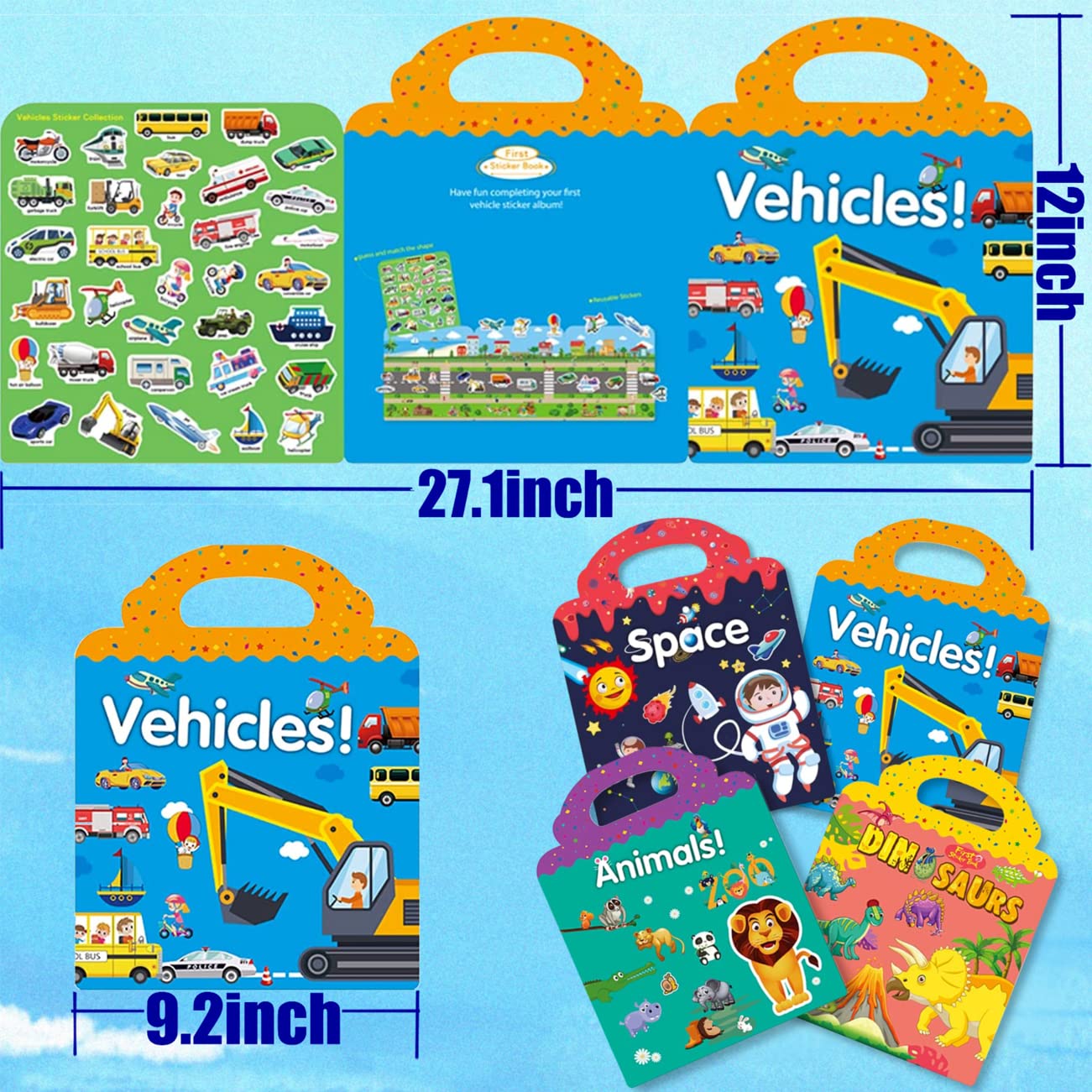 Ruson Reusable Sticker Book For Kids, 4 Sets Educational Learning Toys Travel Stickers Activity Books For Toddler Girls Boys Age 3+ Birthday Gifts - Vehicle, Space, Dinosaur & Animals