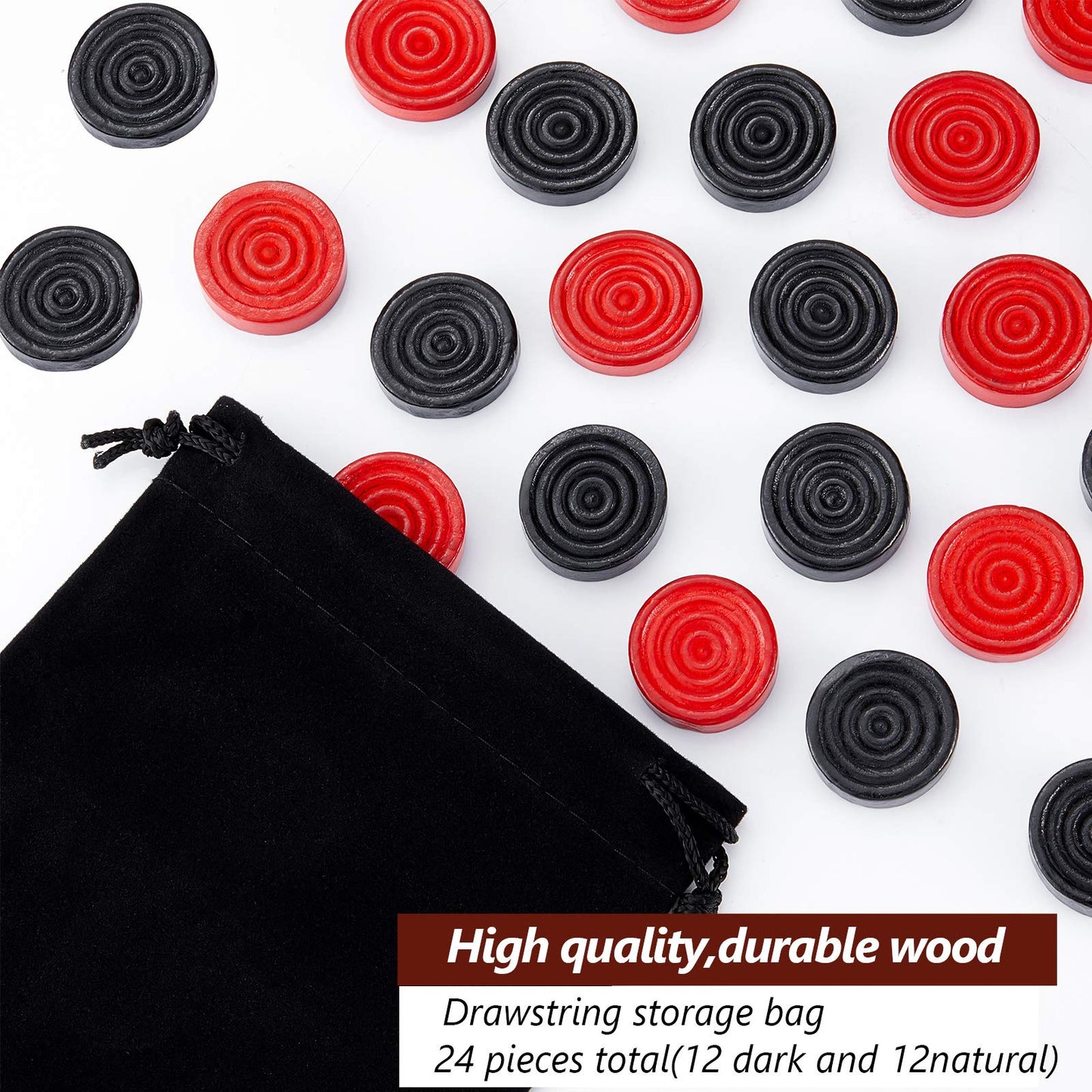 24 Pieces Wooden Checkers Pieces 1.06 Inch Checkers Board Game Pieces Stackable Ridge In Drawstring Storage Pouch, Red And Black