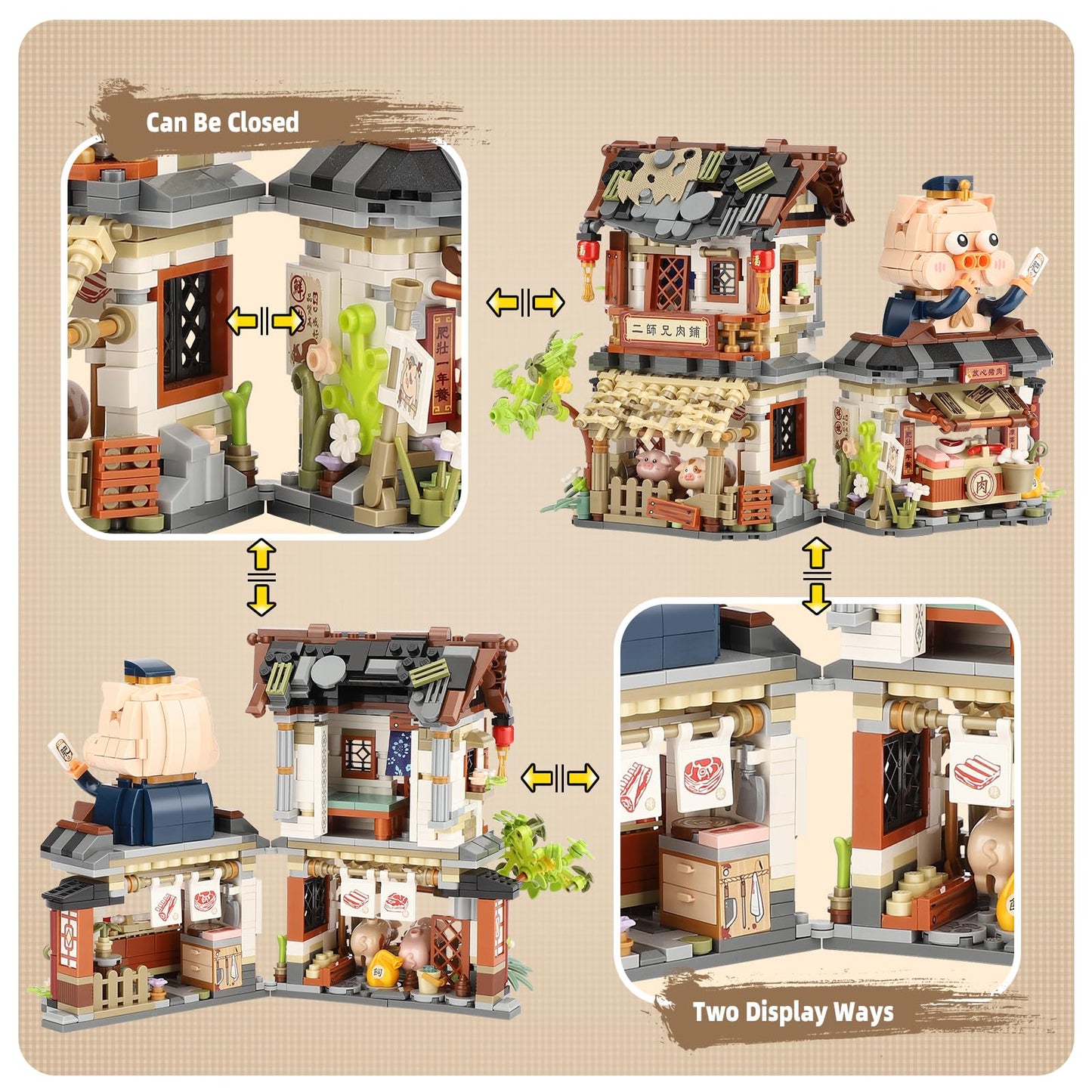 Chinese Street View Butcher Shop Mini Building Blocks, Moc Creative Building Toys Model Set For Girls 6-12 Years Old, 1105 Pcs S