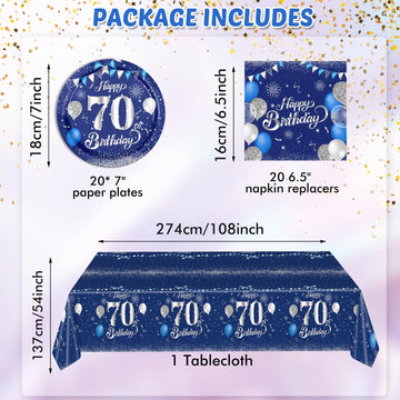Blue 70Th Birthday Decorations For Men Navy Blue Silver Happy 70Th Birthday Tableware Set Include Happy 70Th Birthday Plates Nap