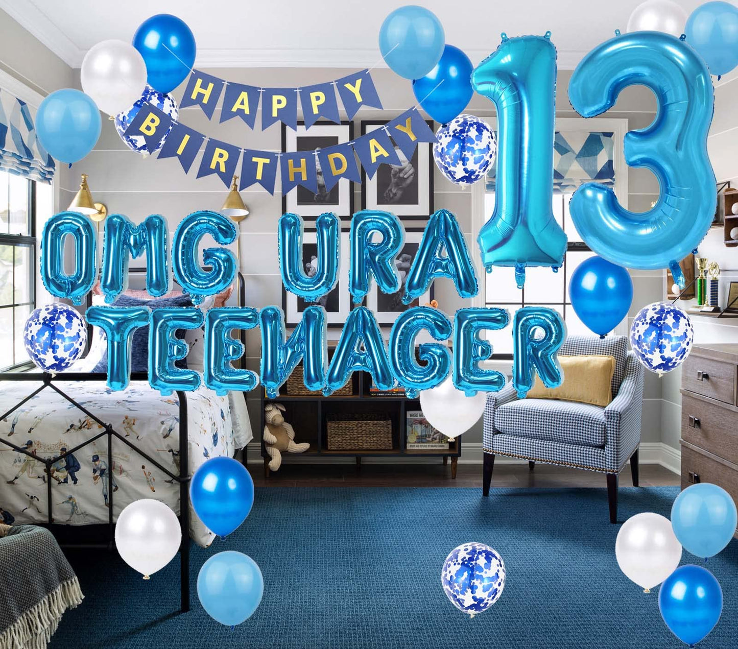13Th Birthday Decorations Blue For Boys, Omg Ur A Teenager Happy 13Th Birthday Banner Blue Number 13 Star Foil Balloons With Blu