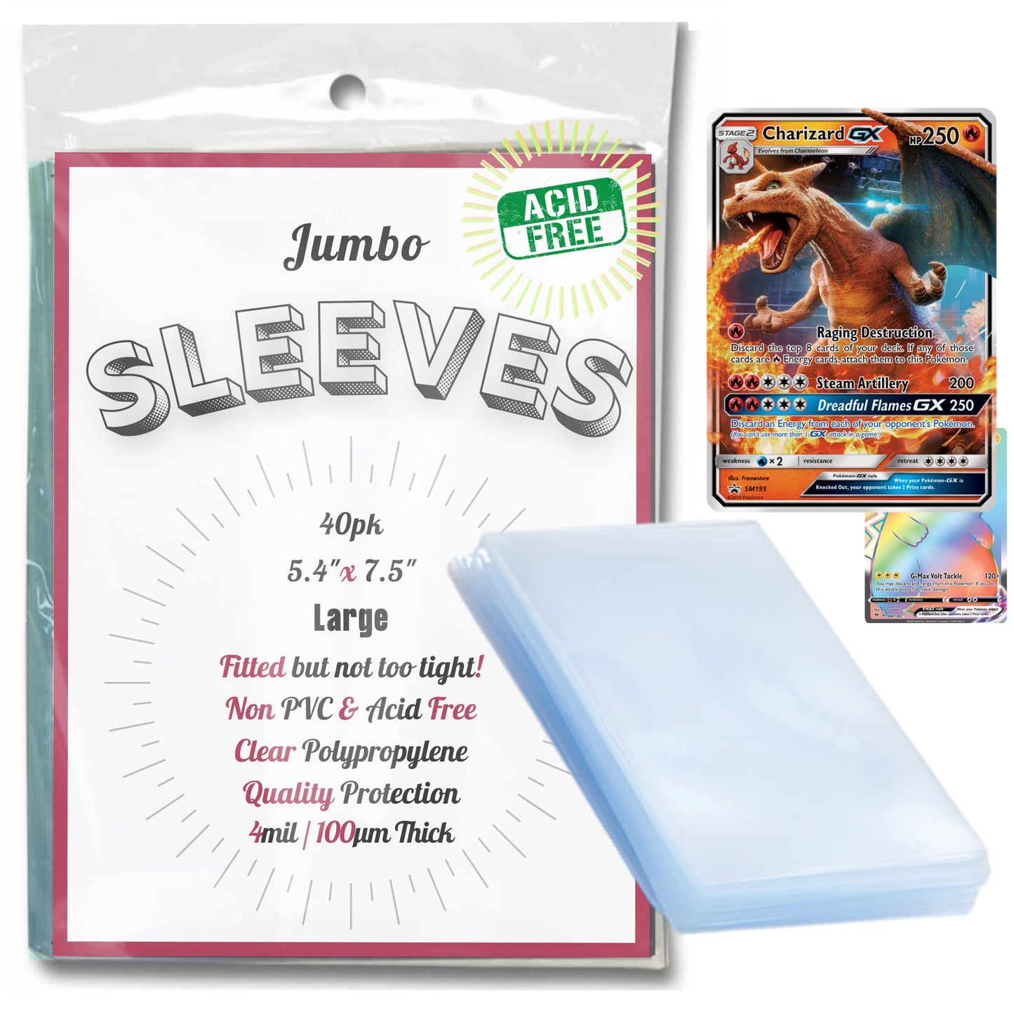 40 Pack Jumbo Pokemon Card Sleeves Thick And Fitted For Large Oversized Trading Cards Games Big Photo | Precision Fit | Premium