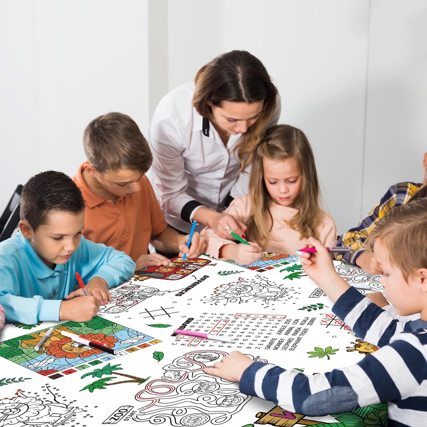 Gatherfun 2 Pack Safari Jungle Theme Kids Coloring Paper Tablecloth, Interactive Activity Table Cover For Boys Birthday Party, S