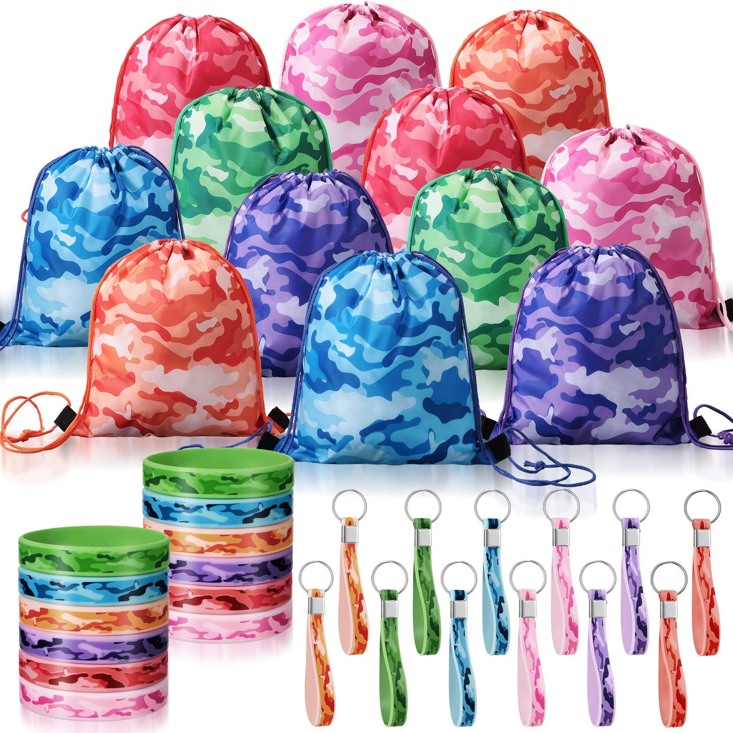 36 Pcs Tie Dye Camouflage Party Kit Camo Drawstring Bag Bulk Camouflage Military Rubber Keychain Silicone Camo Bracelet For Adult Kid Travel Paintball Camping Birthday Party Supplies (Assorted Camo)