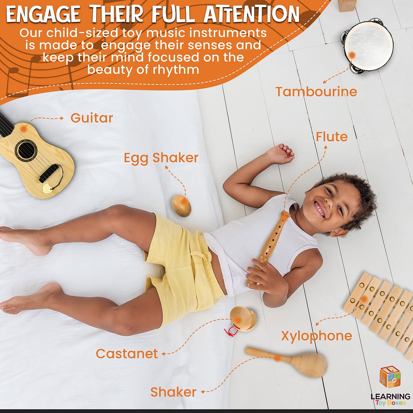 Wooden Kids Musical Instruments - Kids Musical Toys For Toddlers 1-3 - Toddler Learning Toys Music Set Kids Guitar Maracas Toddler Xylophone Tambourine Castanet Egg Shaker Recorder Instrument For Kids