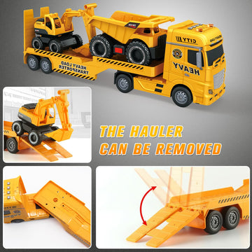 Yiwsnust Construction Carrier Truck Set - Large 25.6'' Semi-Trailer with Excavator & Dump Truck, Yellow, Plastic, Model 666-68F
