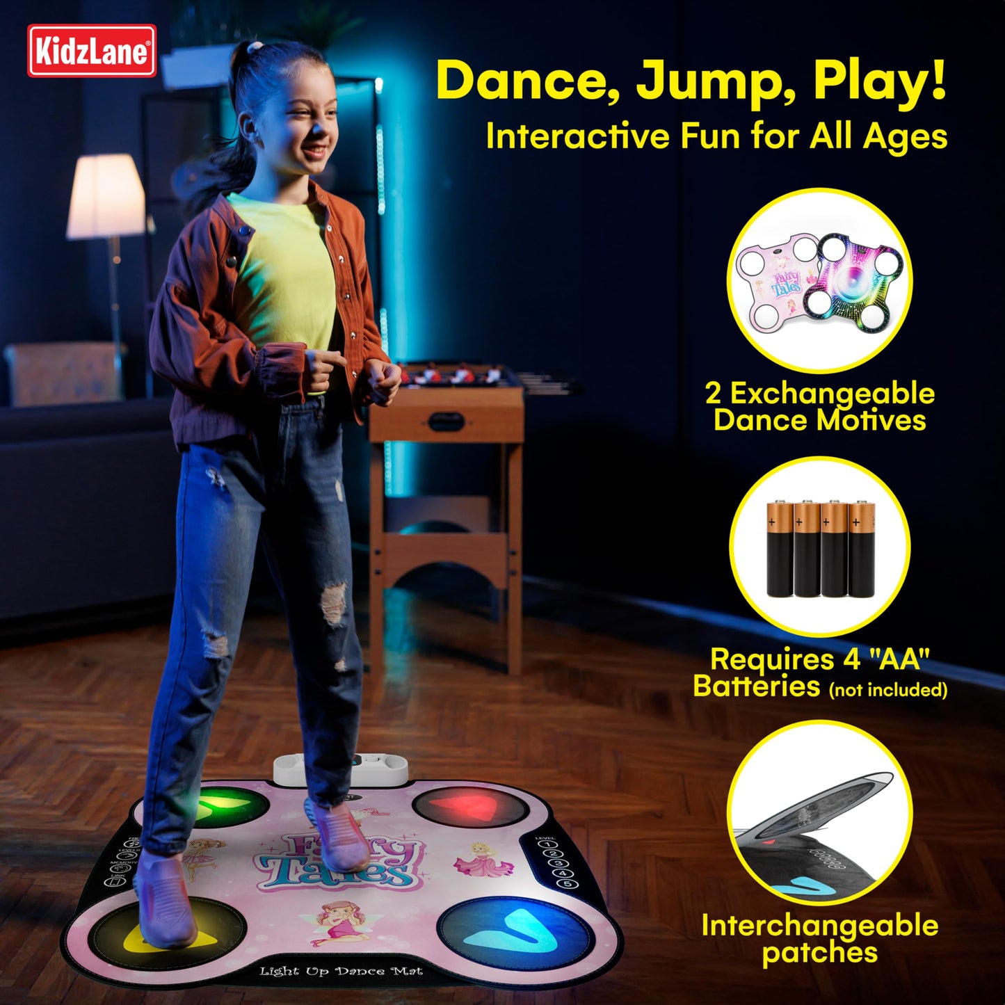 Kidzlane Light Up Dj Dance Mat For Kids - Bluetooth & Aux Compatible - 3 Fun Arcade Games With 5 Difficulty Levels - Detachable Top Mats With Fairytale & Speaker Motives - Adjustable Volume - Ages 6+