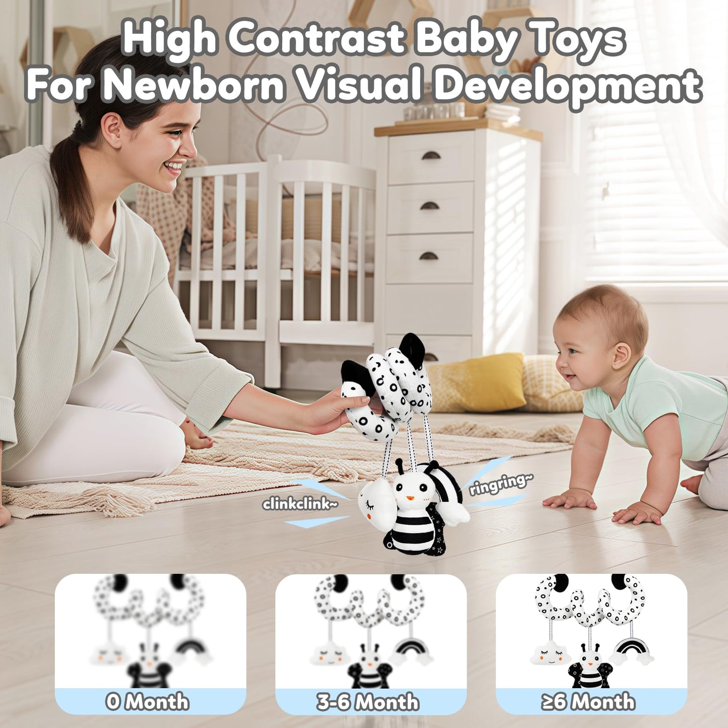 Car Seat Toy,Stroller Toys,Car Seat Toys For Babies 0-6 Months Boy Girl,Spiral Hanging Stroller Black And White High Contrast Sensory Toy Newborn Plush Activity Toys Thank You Gifts For 0 3 6 9 Months