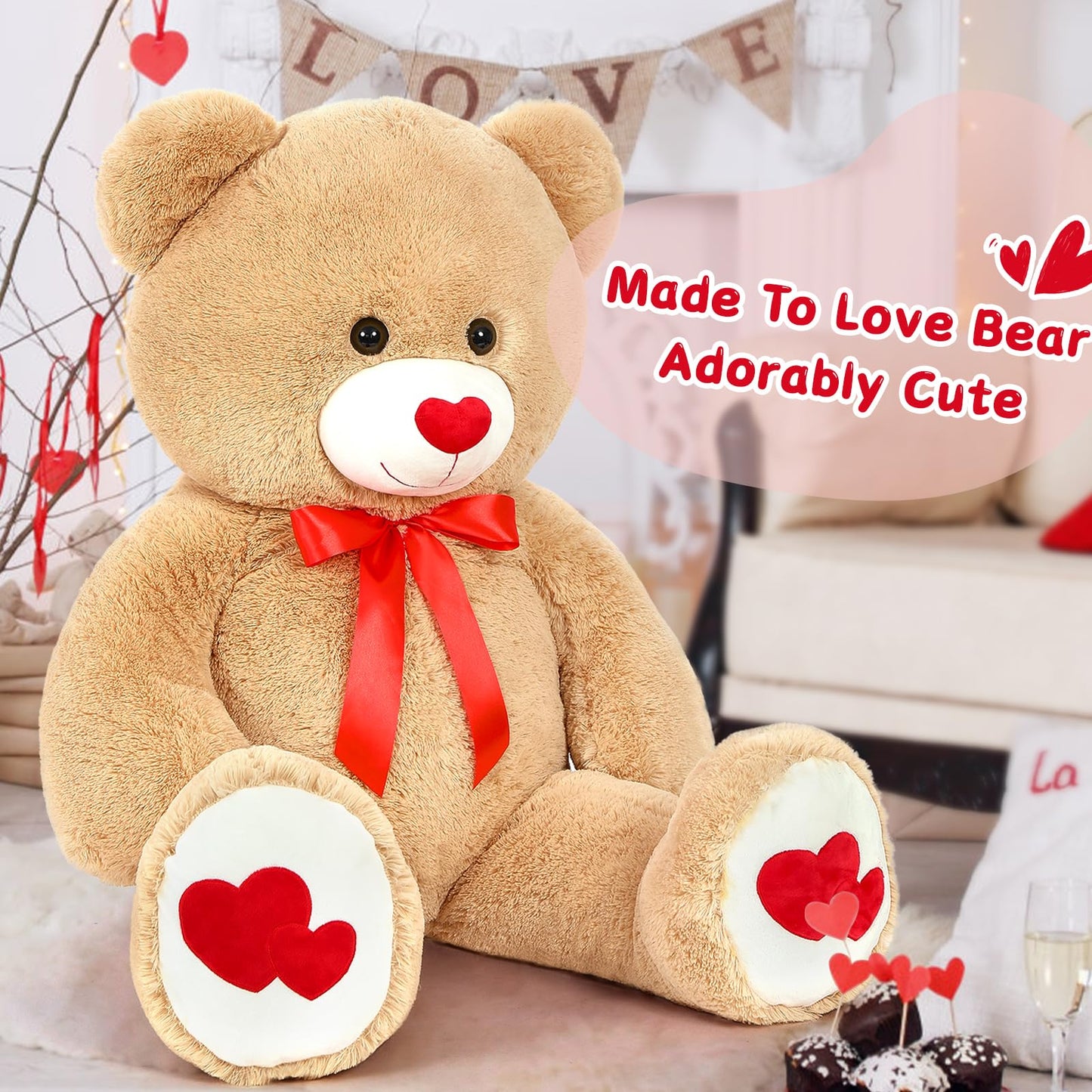 Tezituor Giant Teddy Bear Stuffed Animal 4Ft - Big Teddy Bear With Love Red Heart - Brown Large Stuffed Bear Plush Toys For Kid