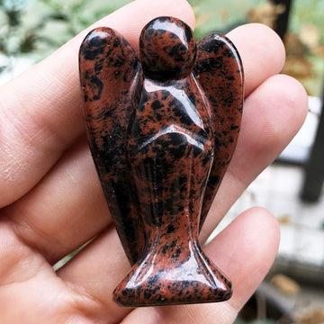 Fekuar Natural Mahagony Obsidian Guardian Angel Statue, Hand-Carved Healing Crystal Pocket Figurines Decoration 2 Inches