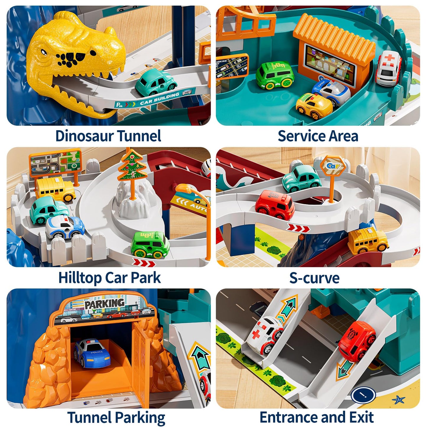 Niplooow Dinosaur Race Track Playset For Boys Kids 3-5, Dinosaur Climbing Hills Car Track Play Set With 10 Mini Racer Cars, Kids