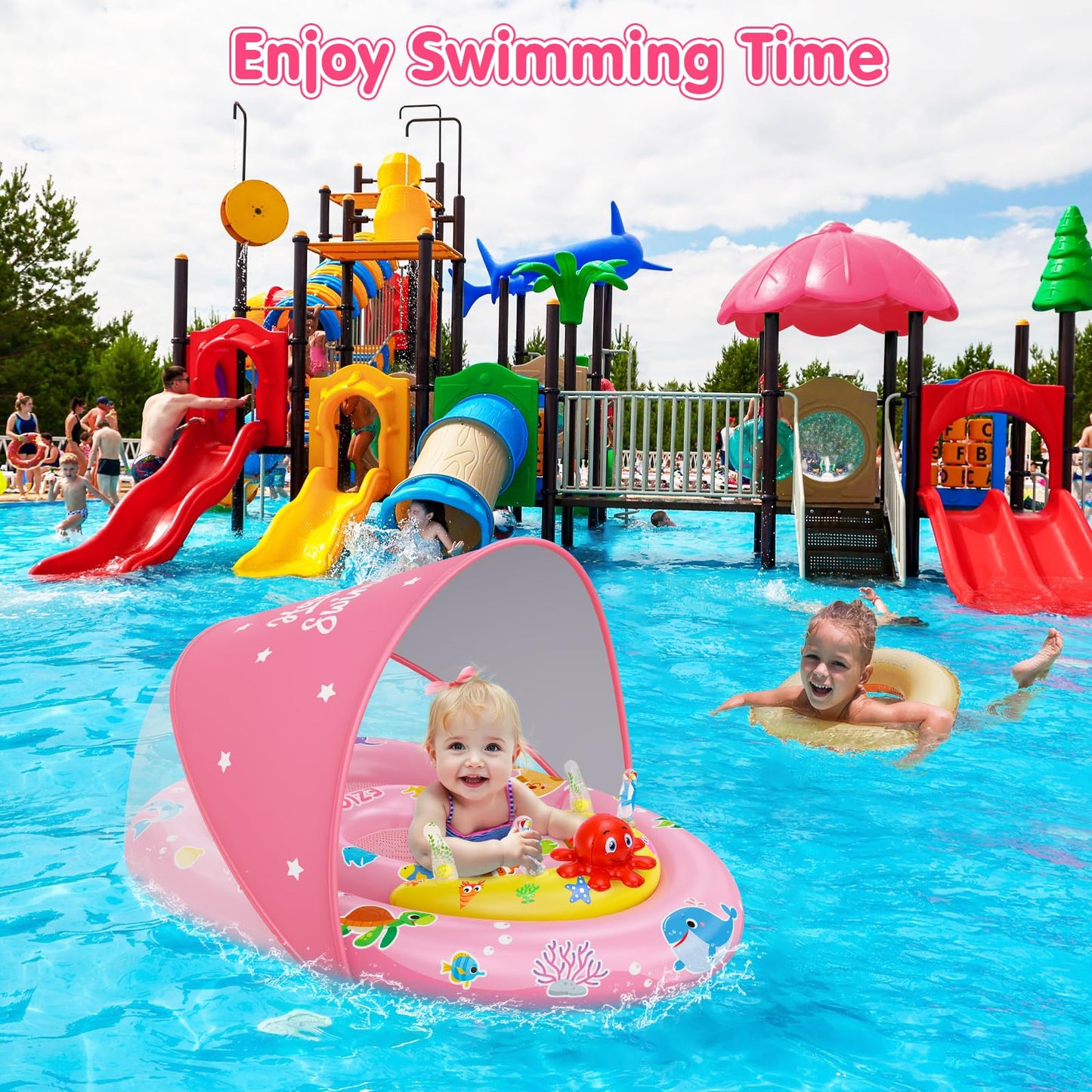 EZIGO Baby Pool Float with Canopy UPF50+ Sun Protection, Inflatable Kids Pool Floats with Ocean Animal Toys for Baby 6-36 Months