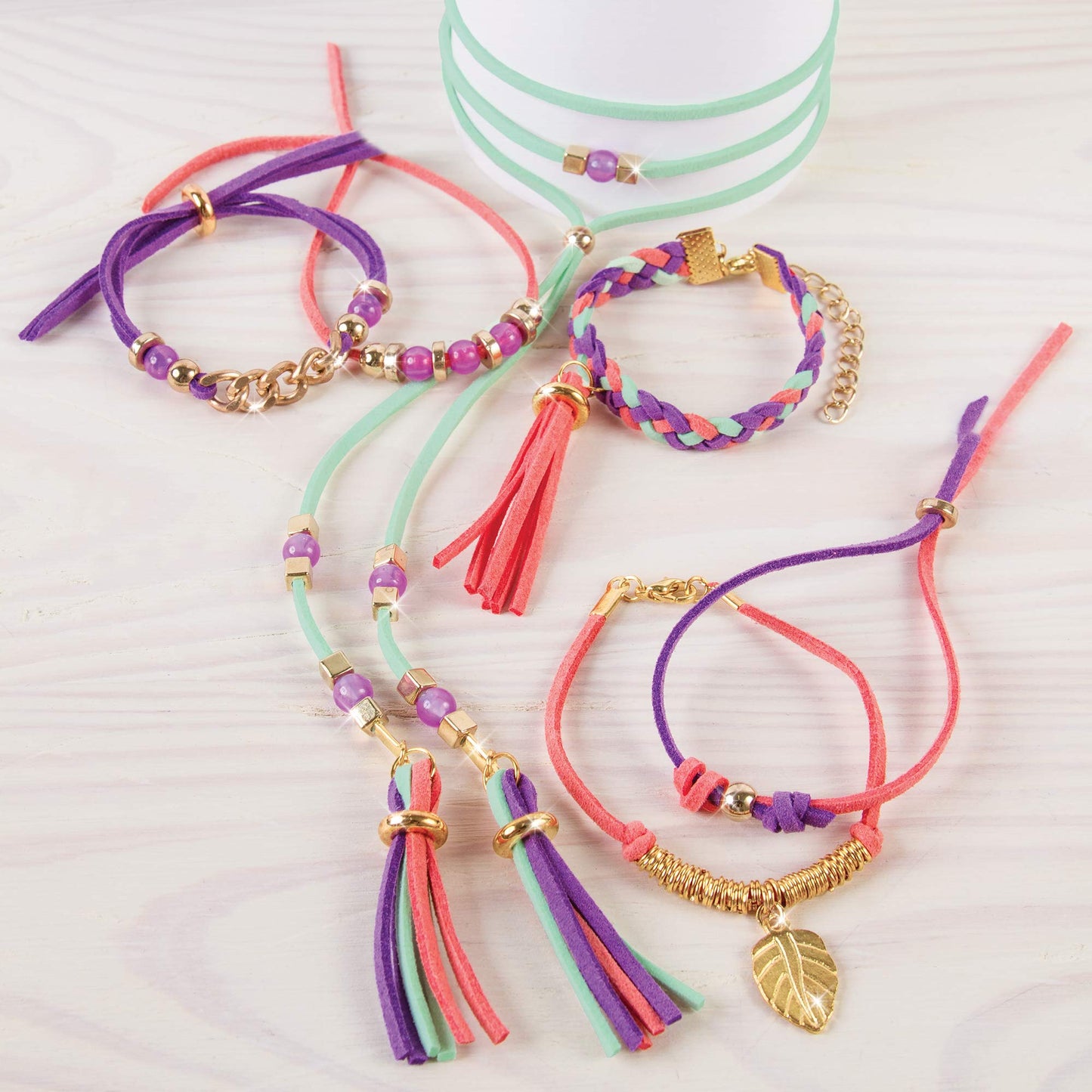 Make It Real: Gold-Link Suede Bracelets Kit - Create 6 Unique Cord & Tassel Charm Bracelets, 105 Pieces, Includes Play Tray, Diy Link & Bead Jewelry Kit, Tweens & Girls, Arts & Crafts, Kids Ages 8+