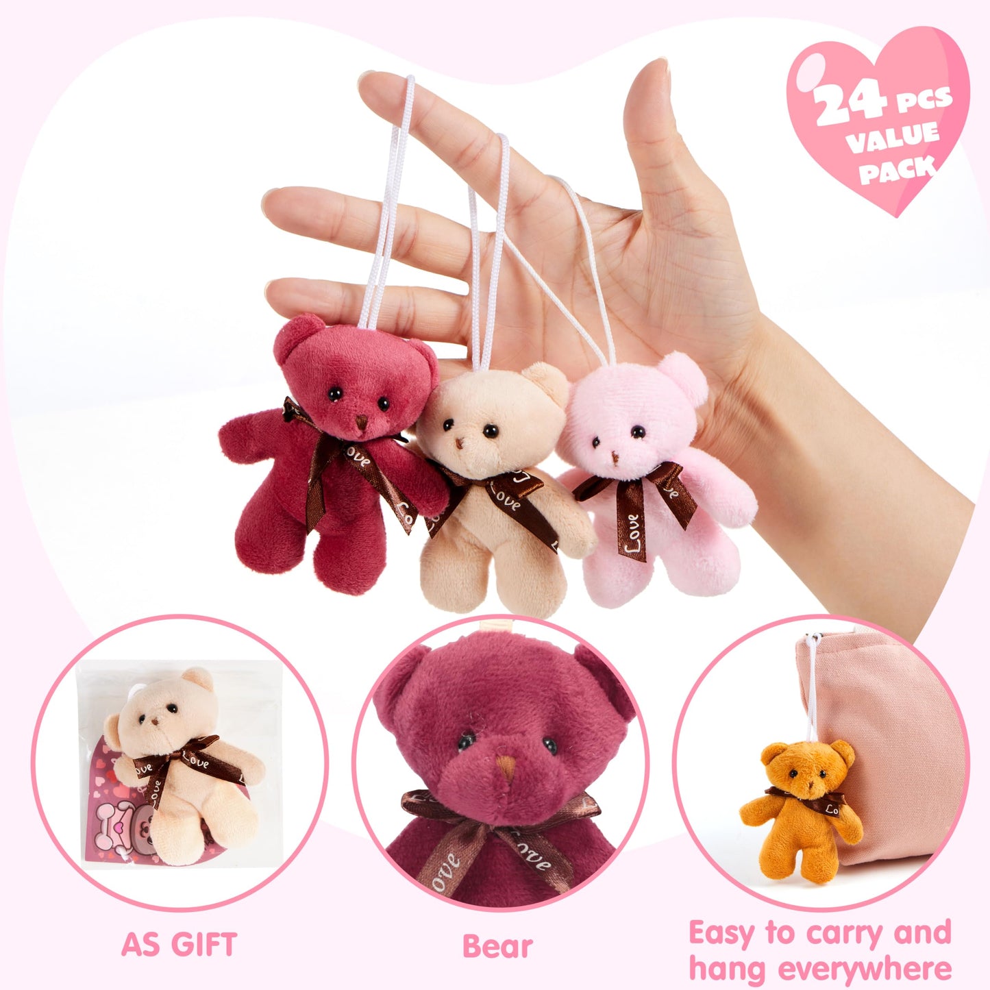 Joyin 24 Packs Valentine'S Day Heart Cards With Plush Toy Party Favors, Mini Stuffed Animal Plush Toys For Valentines Day Gifts, Kids Classroom School Exchange Prize (Brown Bear)