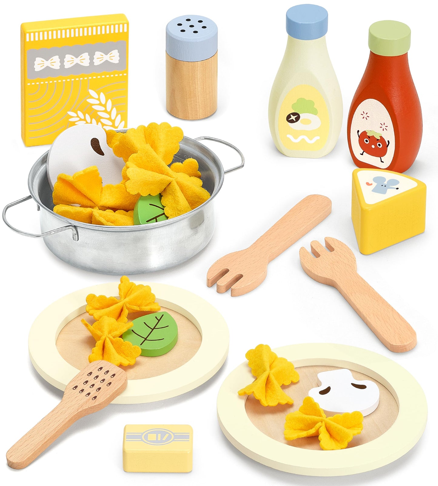 Pillowhale Pasta Food Toys, Wooden Play Kitchen Food , Play Food with Pots and Pans Playset, Kids Pretend Play Kitchen Accessori