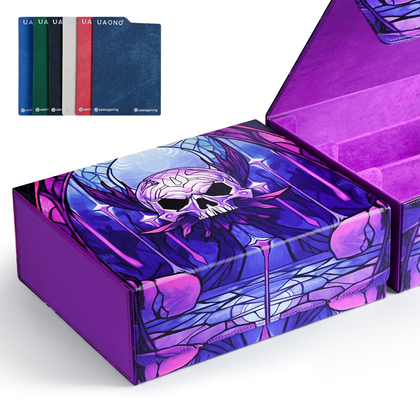 Uaono Card Storage Box For Mtg, Trading Card Deck Box Holds 1800+ With 6 Dividers, Leather Printing Magnetic Closure Card Storage Case Fits Tcg Ccg Sports Cards (Purple,Skull)