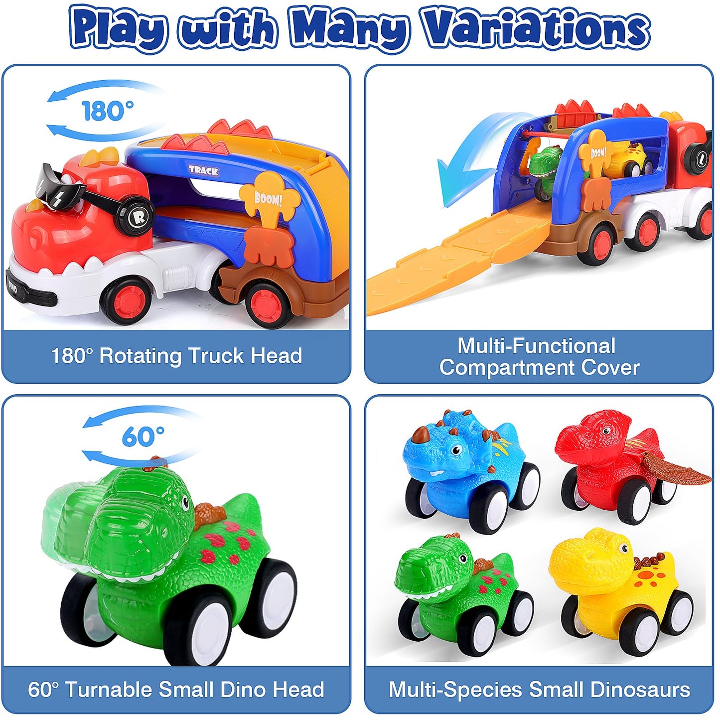 Funmission 5-In-1 Dinosaur Toys For Kids 3-5, Dinosaur Truck With 4 Pack Small Pull Back Dino Car, Dinosaur Cars Set, Birthday,