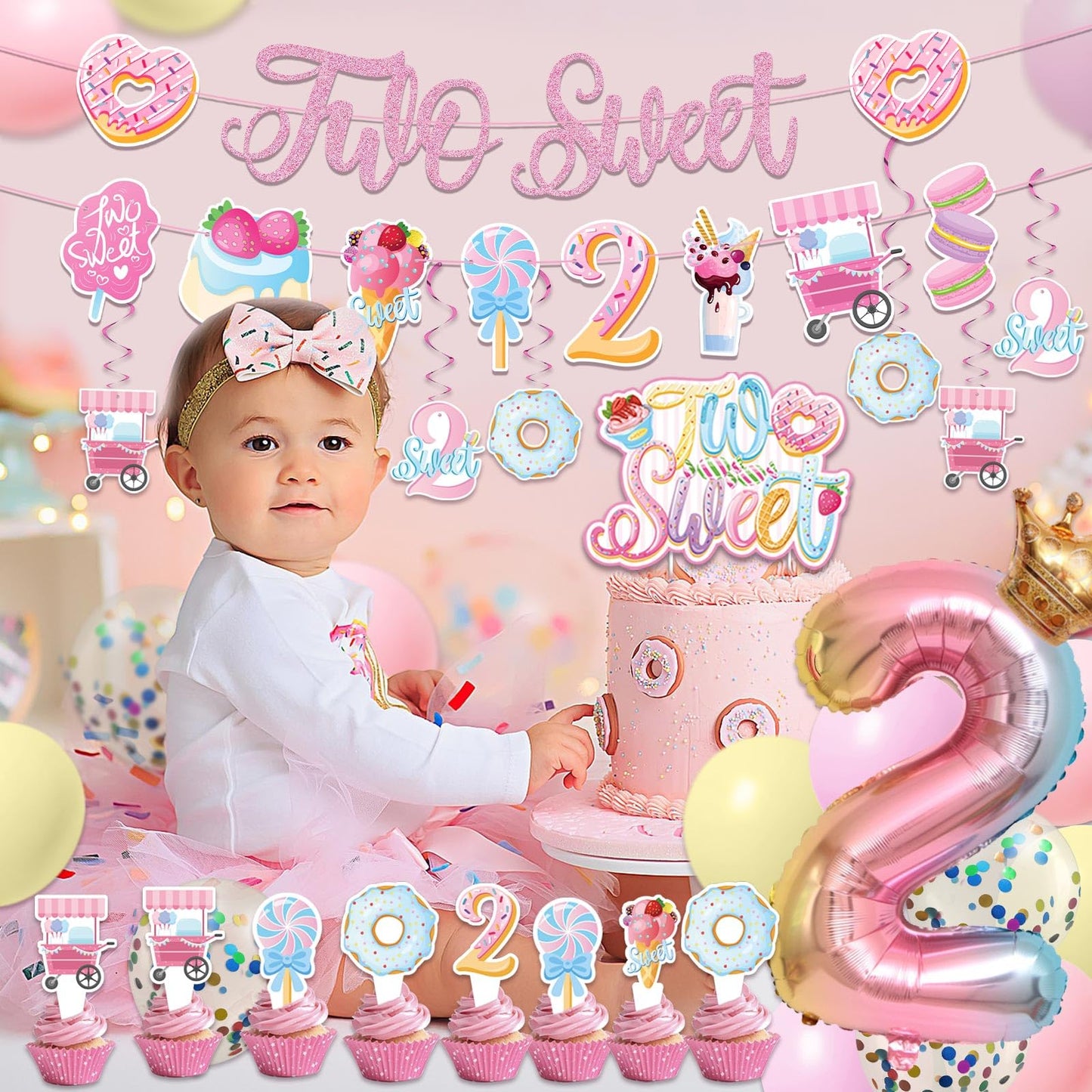 Juyrle Two Sweet Birthday Party Decorations- Donut Birthday Party Supplies For Girls Two Sweet Banner Donut Balloon Cupcake Toppers 2Nd Candy Theme Party Supplies For Baby Shower