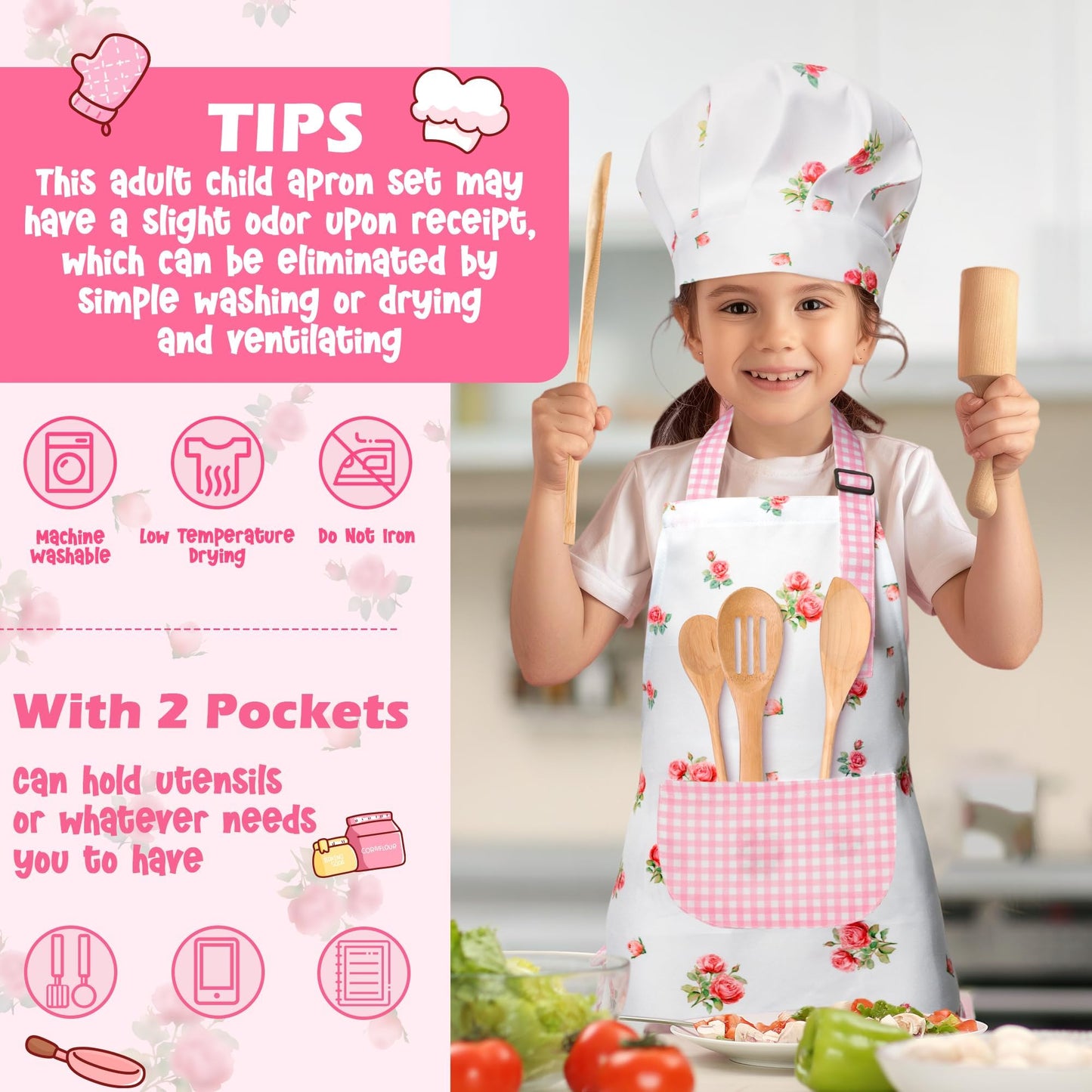 R Horse Kid Apron And Chef Hat Set - 2Pcs Plaid Floral Adjustable Children Kitchen Toddler Apron For Girls, Role Play Chef Toy C