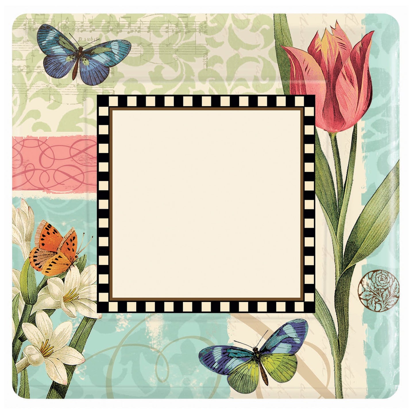 Amscan 8 Piece Disposable Square Paper Plate with Garden Melody Print, 10, Multi