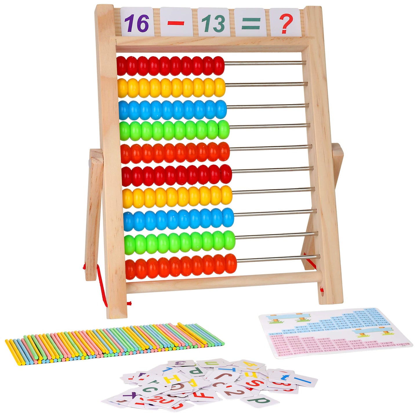 Kidwill Preschool Math Learning Toy,10-Row Wooden Frame Abacus With Multi-Color Beads, Counting Sticks, Number Alphabet Cards, Gift For 2 3 4 5 6 Years Old Toddlers Boys Girls