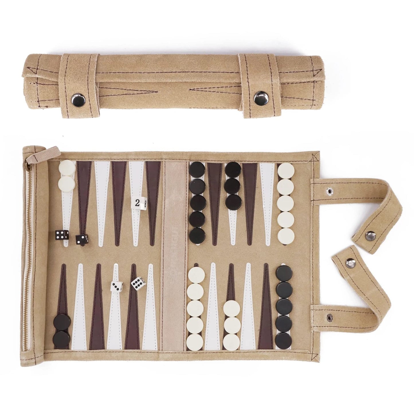Sondergut Roll-Up Portable Suede Backgammon Game Set - Ideal For Rv Travel, Cruise, Airplane, Camping, Backpacking, Road Trips, Etc. Multiple Colors (Cream)
