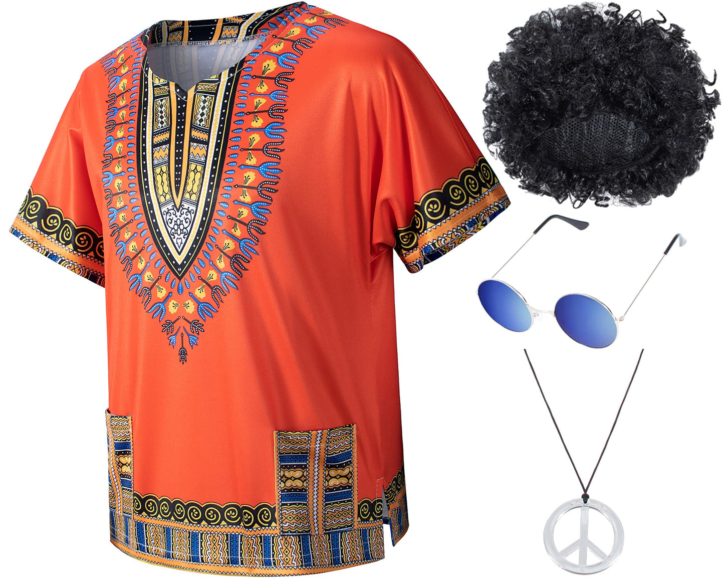 Kids Hippie Costume for Boys Girls 60s 70s 4 Pcs T-Shirt Afro Wig Set for Halloween Party Cosplay 7-8 Years Yellow