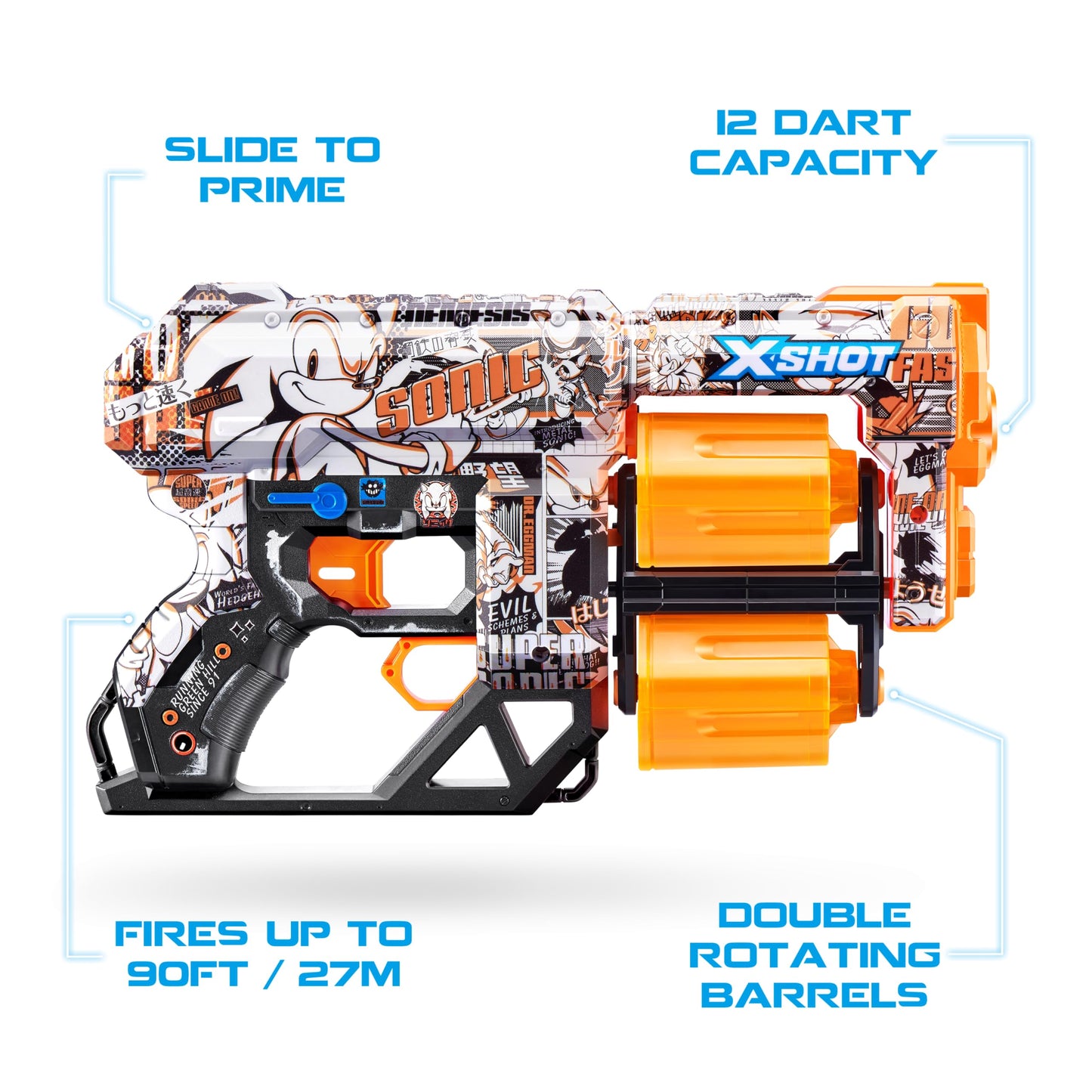 X-Shot Skins Dread Sonic Retro Blaster With 24 Darts - Malice Skin By Zuru, Double Rotating Barrels, Air Pocket Dart Technology, Toy Foam Blaster For Kids, Teens And Adults