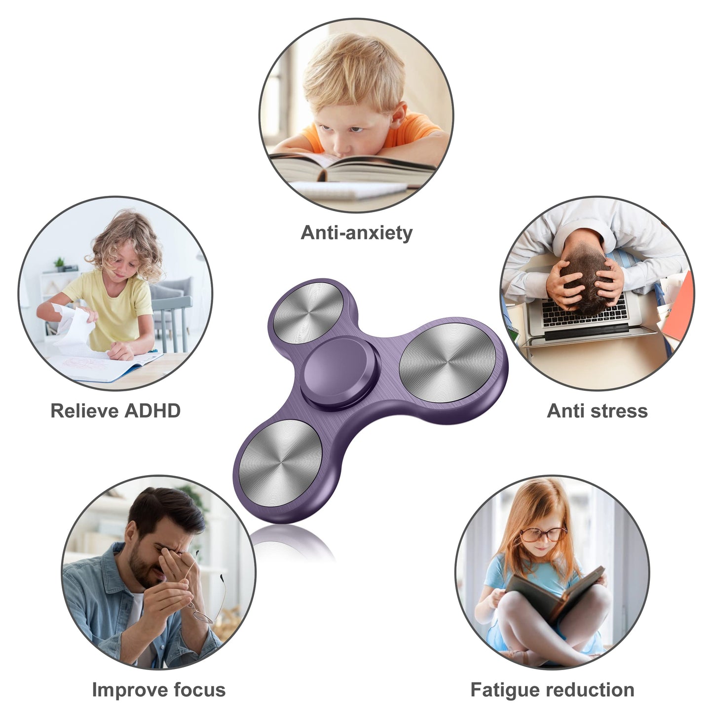 ATESSON Fidget Spinner Toy 4 to 10 min Spins Ultra Durable Stainless Steel Bearing High Speed Precision Metal Material Hand Spinner Purple