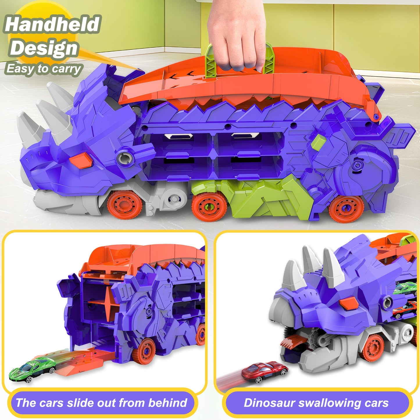 Hacocola Dinosaur Transporter Truck Foldable Sliding Race Track Toy With 8 Toy Cars For Kids Age 3 4 5 6 7 8 (Purple)