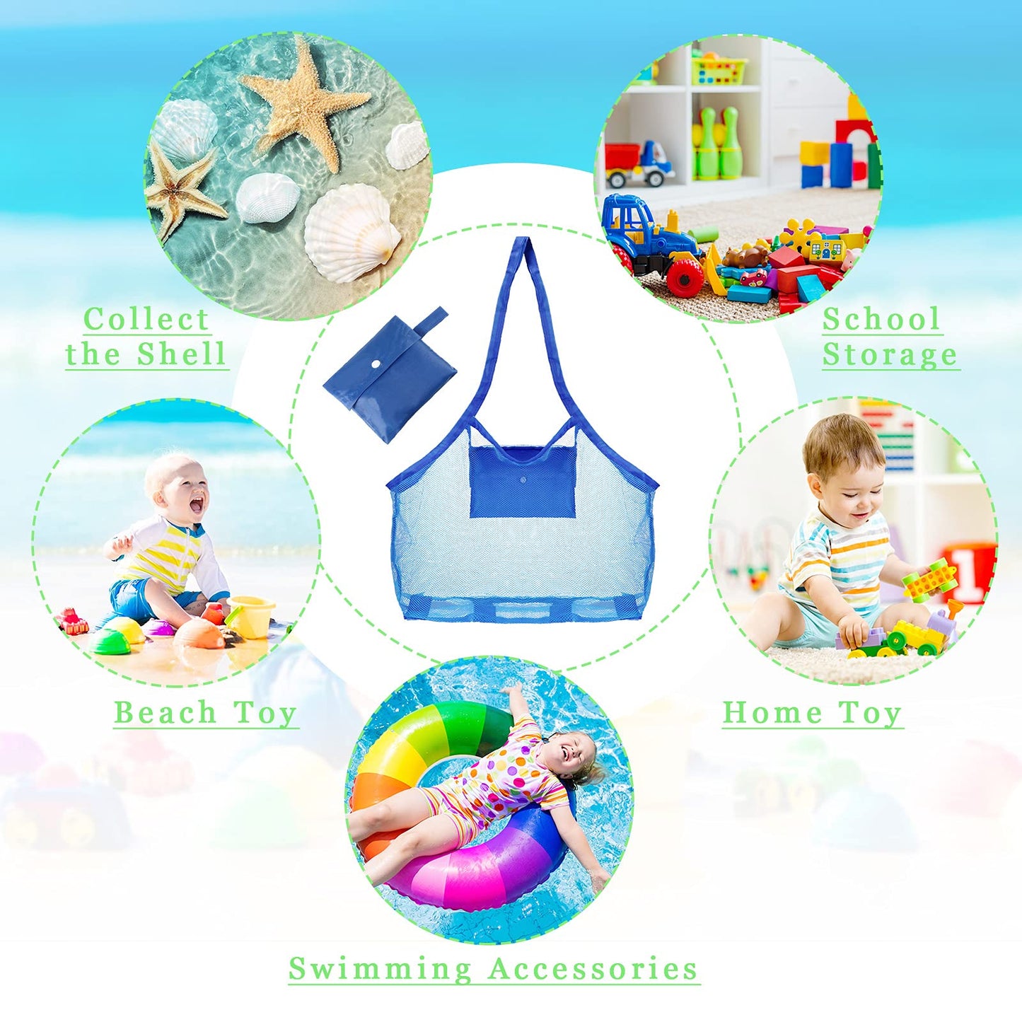 Frienda 6 Pieces Mesh Beach Tote Bag Portable Travel Mesh Bag Large Mesh Beach Bag Toy Organizer Storage Bag Away from Sand for