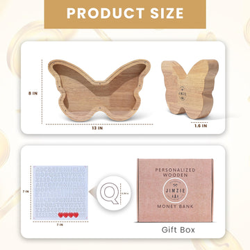 Jimzie Personalized Wooden Butterfly Piggy Bank - Clear Acrylic Butterfly Bank - Includes Letter Stickers - Large Money Bank For