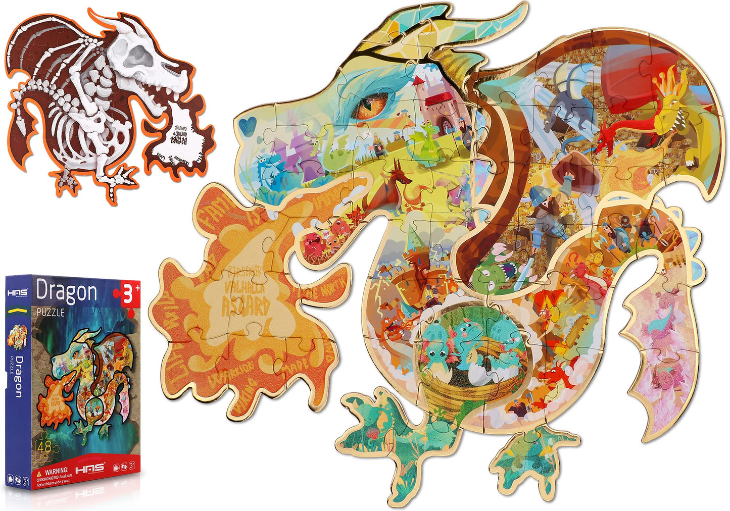 Has Floor Puzzles For Kids Ages 4-8, Fire-Breathing Dragon Shape Double-Sided Puzzle, 48 Piece Large Children Jigsaw Puzzle For