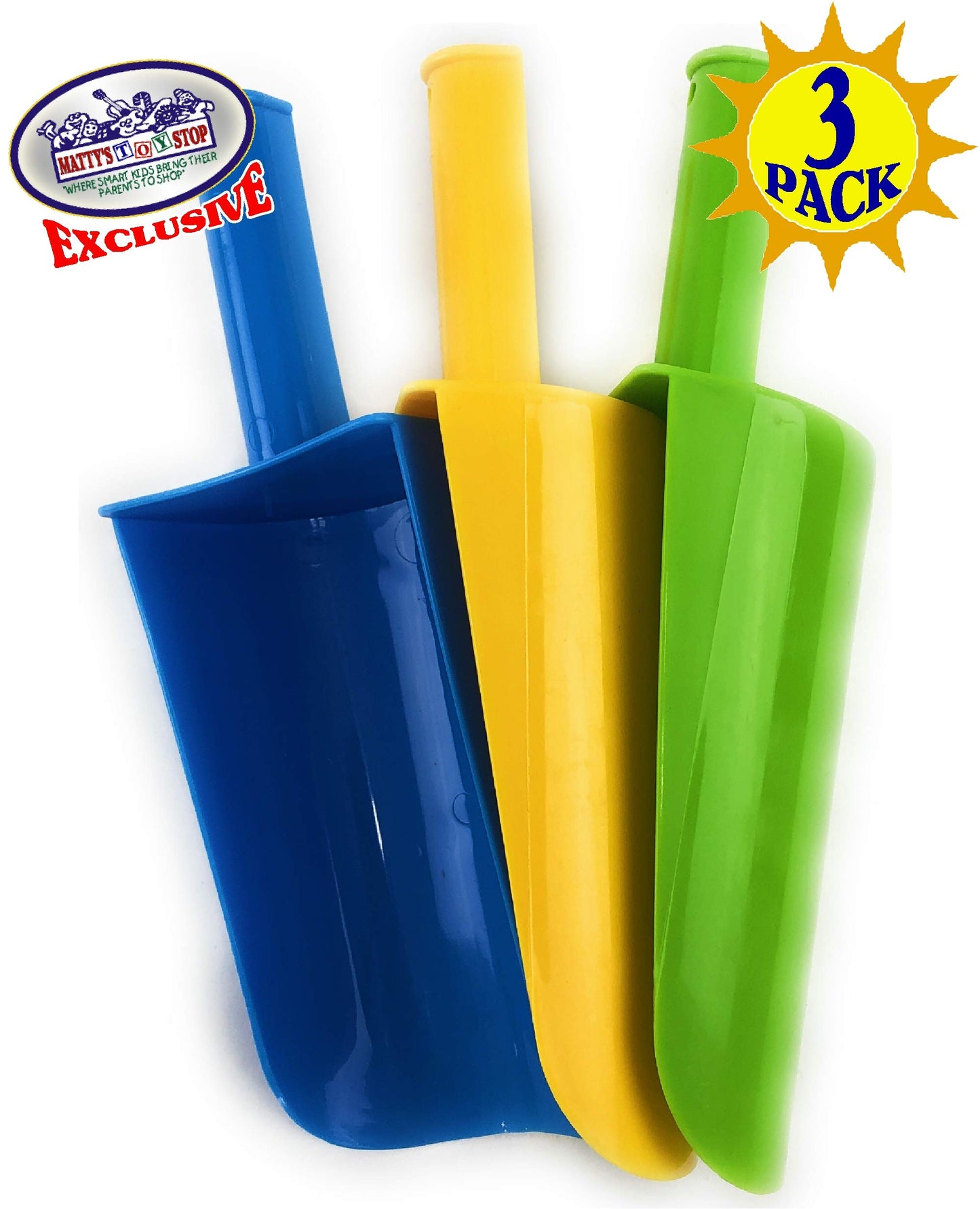 Matty's Toy Stop 9'' Kids Short Handle Sand Scoop Plastic Shovels for Sand & Beach (Yellow, Blue & Green) Gift Set Bundle - 3 Pa