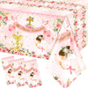 Gupesxu First Communion Decorations-3Pcs Pink Mi Primera Comunion Tablecloth Baptism Table Covers For Girl Newborn Baby Shower T