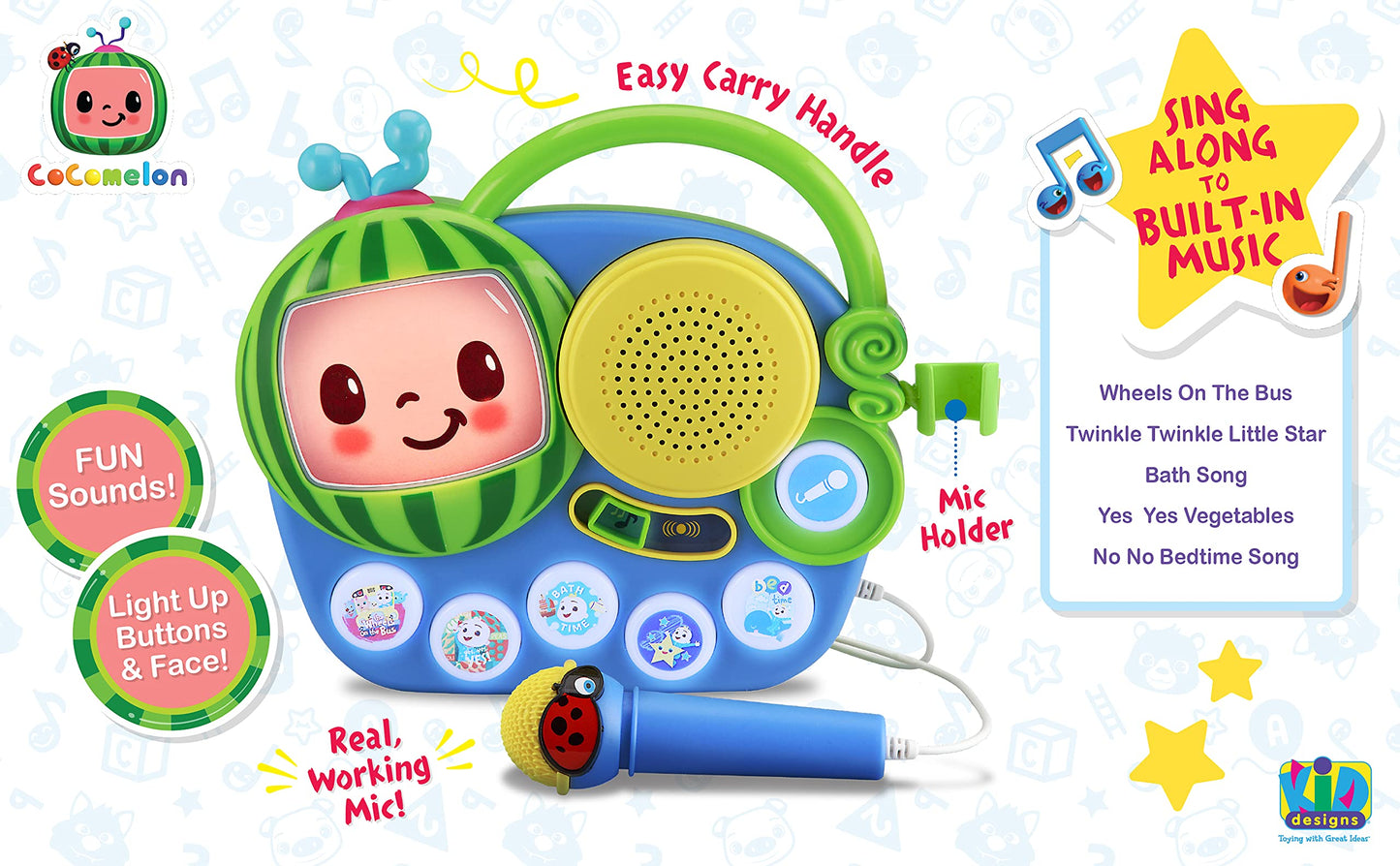 Ekids Auxiliary Cocomelon Toy Singalong Boombox With Microphone For Toddlers, Built-In Music And Flashing Lights, Fans Of Cocomelon Gifts