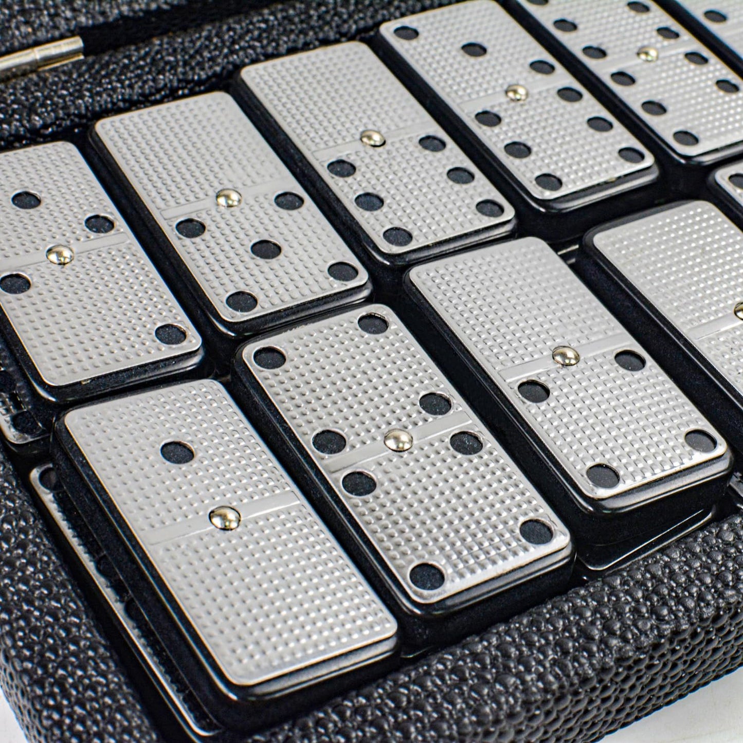 Bucher&Rossini Metal Surface Dominoes Set Double 6 - Claasic Black Domino'S Game Set With Silver Metal Surface For Adults And Kids Ideal Gift For Domino Players Or Family Game Night