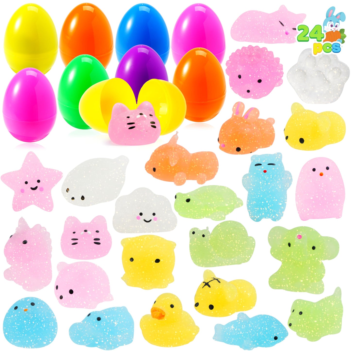 Joyin 24 Pcs Easter Prefilled Eggs With Mochi Squishy Toys, Cute Glitter Stress Reliever Squishy Toy For Easter Theme Egg Hunt,