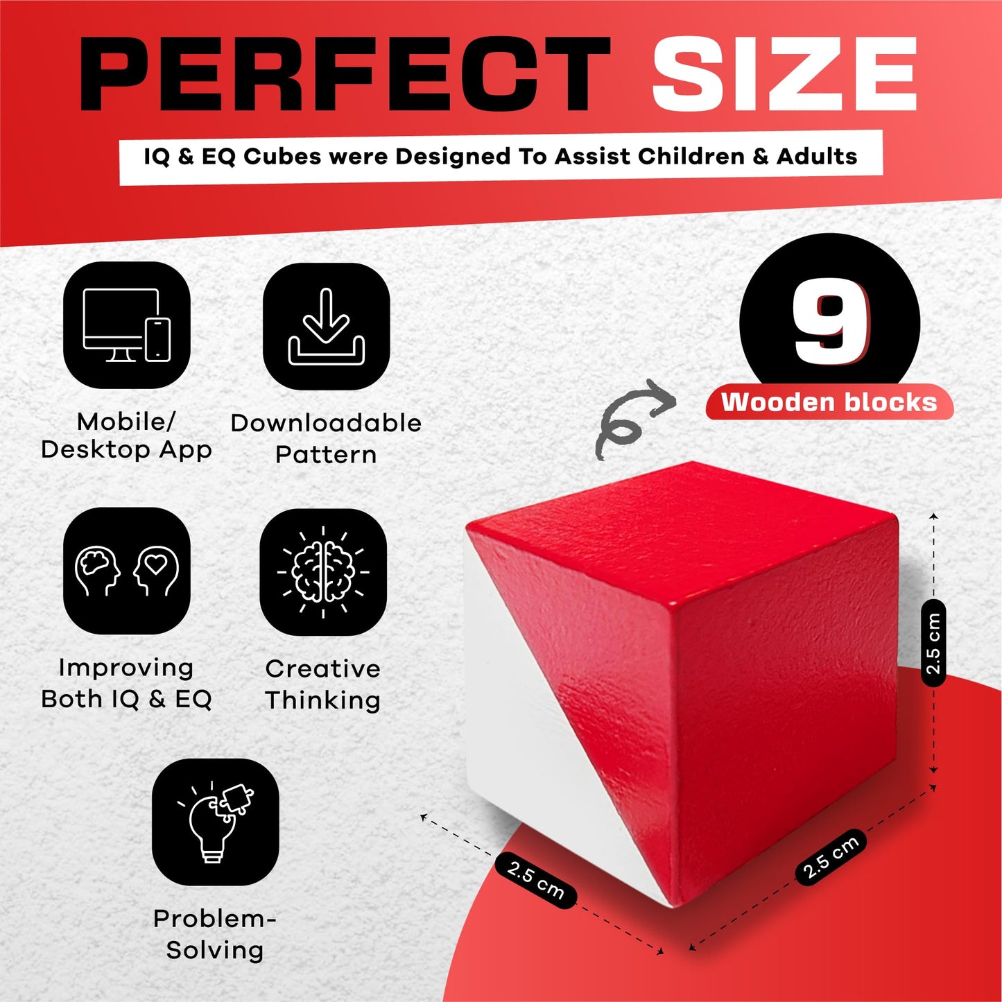 Prfcnl Iq Test Blocks - 9 Wooden Cubes In White And Red With 60 Patterns And Mobile App, Ideal For Wisc, Wais, Wppsi Prep,Educat