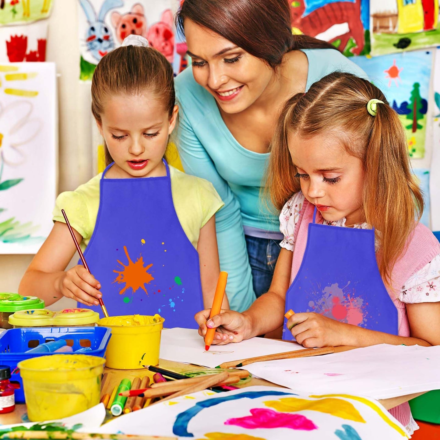 Kuuqa 16Pack Kids Art Aprons Bulk Blue Children Painting Aprons Art Smocks For Craft Kitchen Classroom Painting Party Supplies