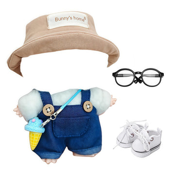 Designer Clothes for 17cm Doll enhanced Dolls Demin Overalls Clothes Cute Doll Outfit Accessories with Denim Overall Ice Cream Glasses Shoes and Straw Hat NZ001